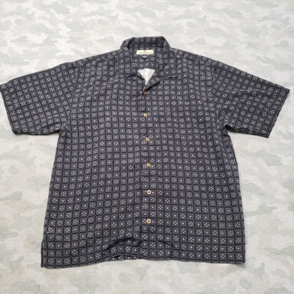 Tommy Bahama Shirt Mens Large Gray Silk Geometric Short Sleeve Button Up